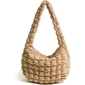 Khaki Medium Puffer Nylon Tote Bag Women Lightweight Quilted Shoulder Bag